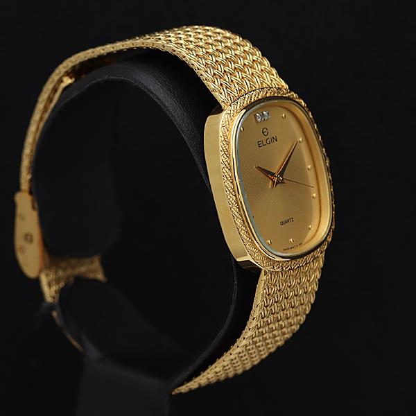 箱付 稼働 美品 エルジン FK-276 石付 金文字盤 QZ メンズ腕時計 NSY
