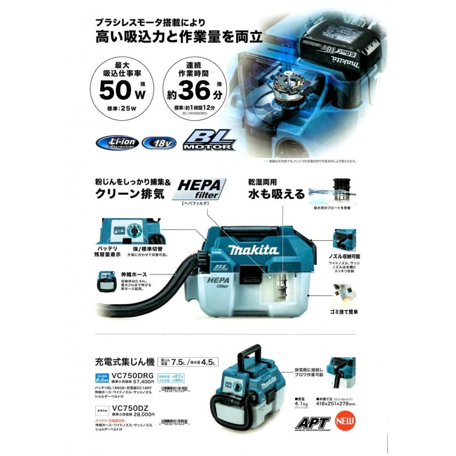 マキタ（makita） VC750DRG 18V 充電式集じん機 乾湿両用 : ファイブ