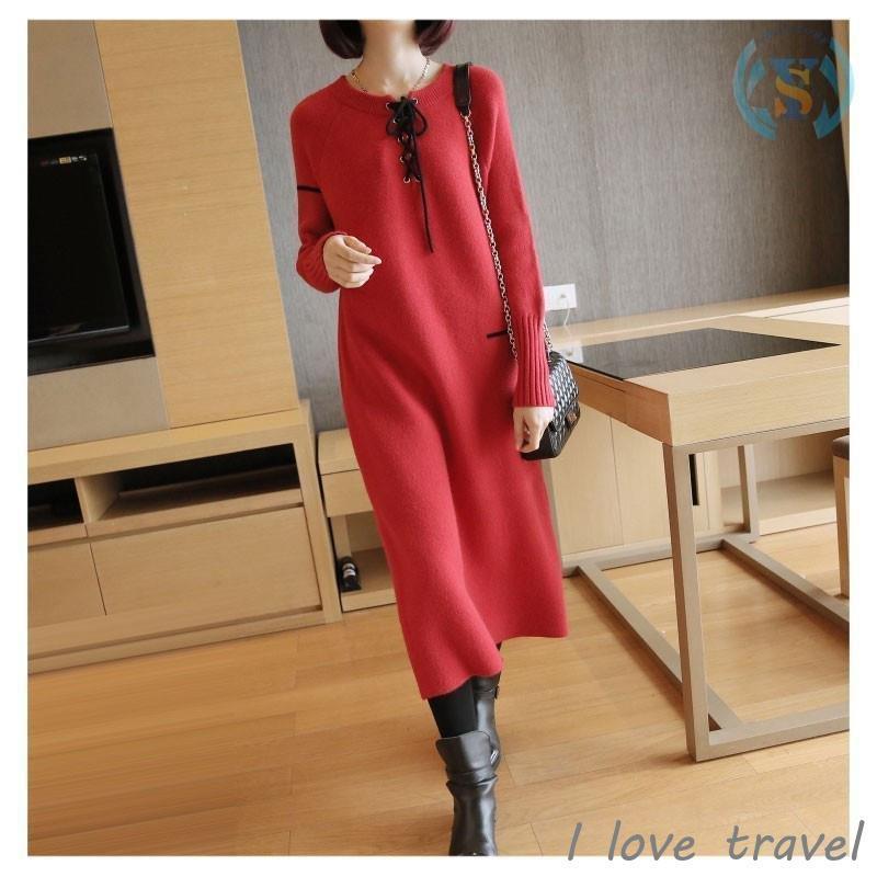 素晴らしい価格 ロング丈ワンピース マキシ丈ワンピース ニットセーター 春冬 レディース ニットワンピース ラウンドネック ゆったり 体型カバー リボン付き ワンピース カラー Color3コン Bozellivacinas Com Br