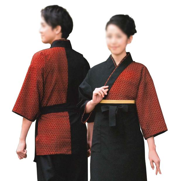 お取り寄せ商品　風香オリジナル作務衣（粋シリーズ）　上着　天地（柄部分：七宝・エンジ）　Ｍ・Ｌ・ＬＬ寸 日本製