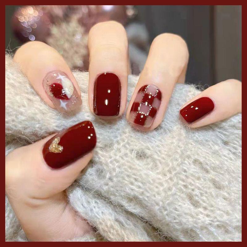 ネイルチップ ショート ワインレッド ゴールド ハート 個性的