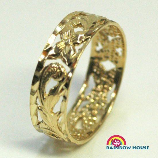 グランドセール ハワイアンジュエリーK14YGイエローゴールド6mm幅波と花透かしリング 指輪