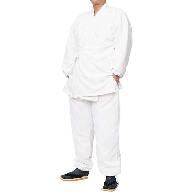 作務衣　冬用　メンズ　スラブニット織り-裏フリース中綿入り作務衣　(4Ｌ,　白)　当店オリジナル