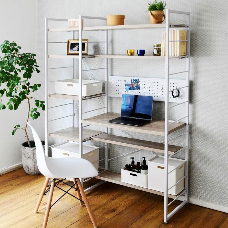 山善 シェルフデスク (pcデスク) ラック付き (左右付け替え可能) 2口コンセント/バックパネル付き 棚板カンタン高さ調節 連結可能 学 棚板 シェルフデスク pcデスク ラック付き 左右付け替え可能 2口コンセント/バックパネル付き 棚板カンタン高さ調節 連結可能 ：10kg