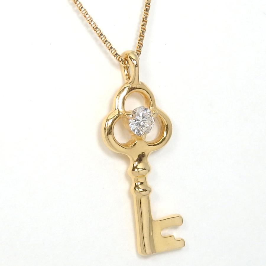 K18 ゴールド ダイヤモンド 0.13ct ペンダント付ネックレス カギ 中古 