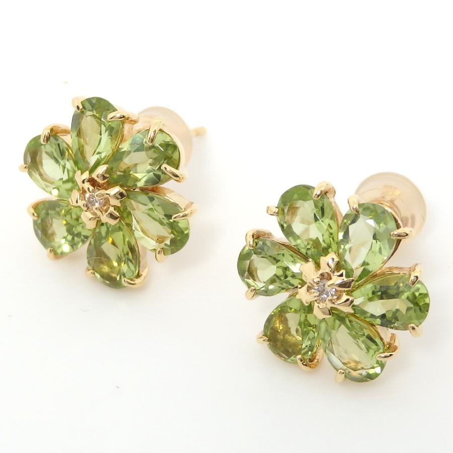 K18 ゴールド ペリドット ダイヤモンド 0.01ct ×2 ピアス 美品 洗浄 