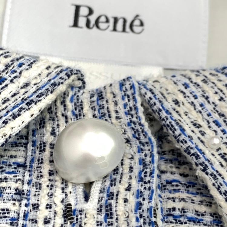2023年 Rene ルネ パールボタン ツイード ワンピース ブルー 36 
