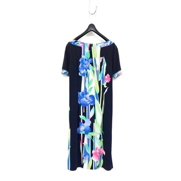 LEONARD レオナール バーティカル プリントワンピース ネイビー 38