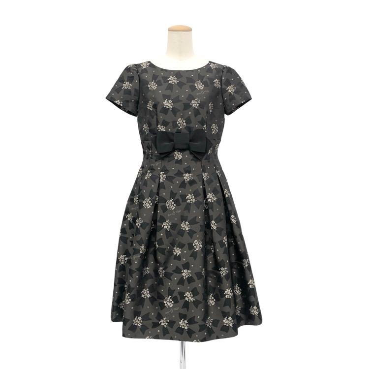 【美品!! 最終値下げ】エムズグレイシー 花柄ワンピース リボン サイズ36 M'S GRACY エムズグレイシー フラワーリボン柄ワンピース グレー 36