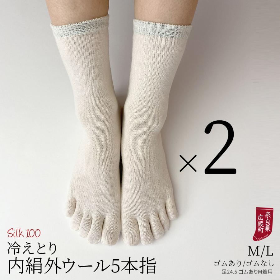冷えとり靴下 2足セット 内絹外ウール 5本指ソックス 冷え取り靴下 靴下 レディース メンズ シルク ウール 天然繊維100% かかとなし ゴム選択可 日本製 841 | 841 | 03