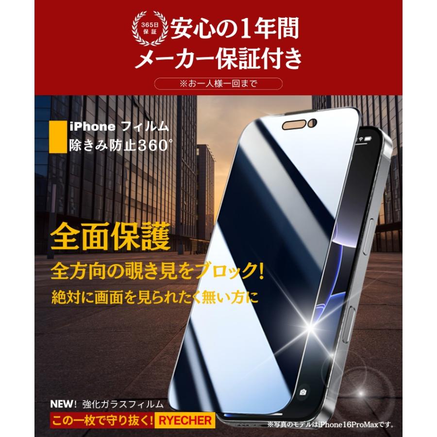 RYECHER iPhone16 ProMax ガラスフィルム 360度 覗き見防止 iPhone16