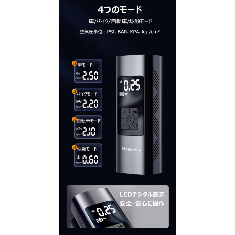 Ryecher 電動空気入れ 6000ｍah 150psi 空気圧単位 Psi Bar Kpa Kg Cm Led照明 緊急ライト Sos信号 Type C充電式 モバイルバッテリー 自動停止保護 取扱説明 Czcq 101 日進ストア 通販 Yahoo ショッピング