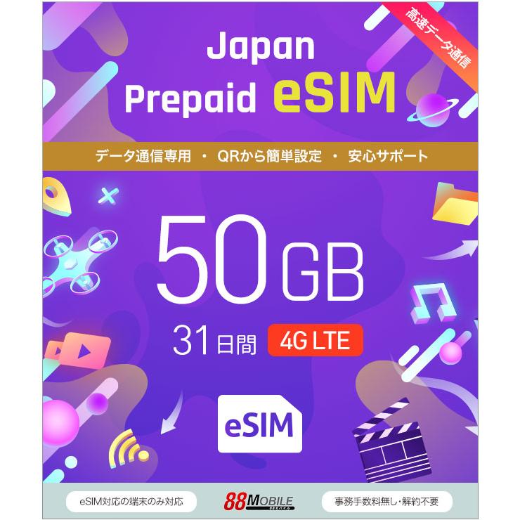 プリペイドSIM メール納品　プリペイドeSIM 50GB 31日 超過時、低速200kbpsのまま、期限内は使い続ける低速無制限 国内データ通信専用 NTTドコモ回線（Yahoo!・88モバイル）