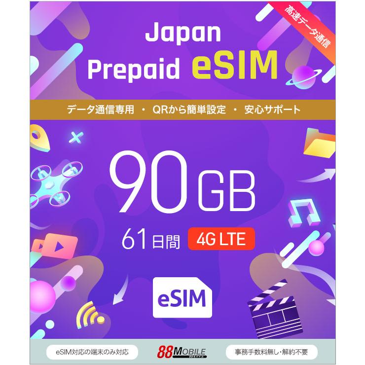 プリペイドSIM　メール納品　プリペイドeSIM 90GB 61日 超過時、低速200kbpsのまま、期限内は使い続ける低速無制限 国内データ通信専用 NTTドコモ回線（Yahoo!・88モバイル）