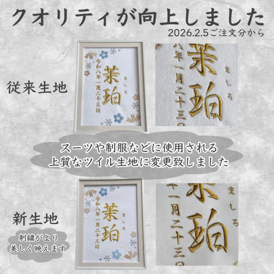 花リース ブルー 刺繍 命名書 命名額 タペストリー 名入り 刺繍命名書