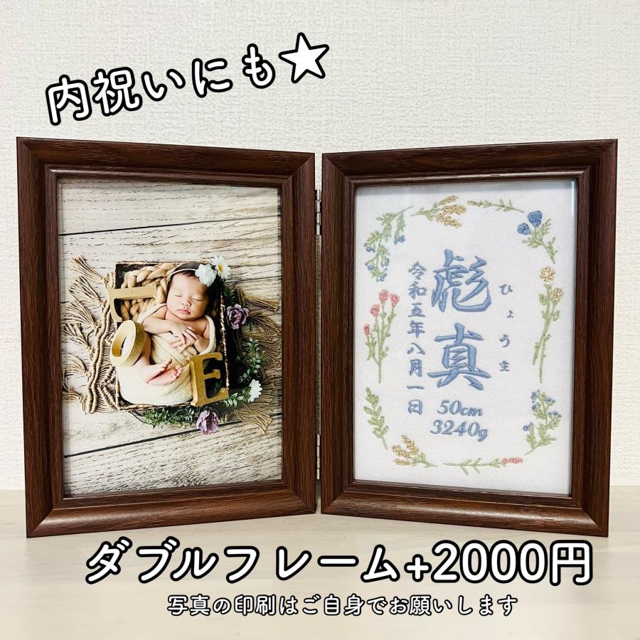 花リース ブルー 刺繍 命名書 命名額 タペストリー 名入り 刺繍命名書 