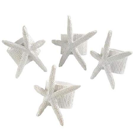 品質満点！ FenncoスタイルUnique Starfish Nauticalナプキンリング、ホワイト、4のセット ナプキンリング