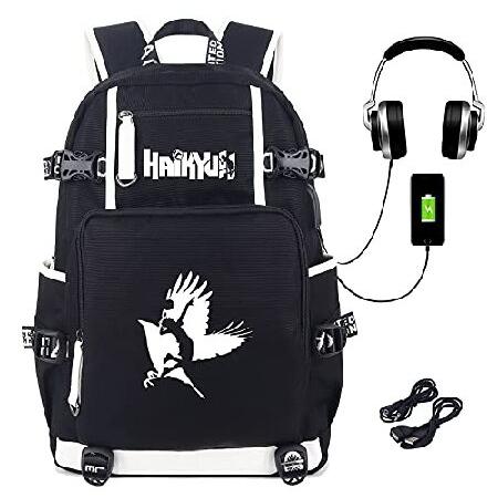 一つ買って一つ進呈 Roffatide Anime Haikyuu Laptop Backpack Printed Luminous Schoolbag Rucksack with USB Charging Port ＆ Headphone Port Black