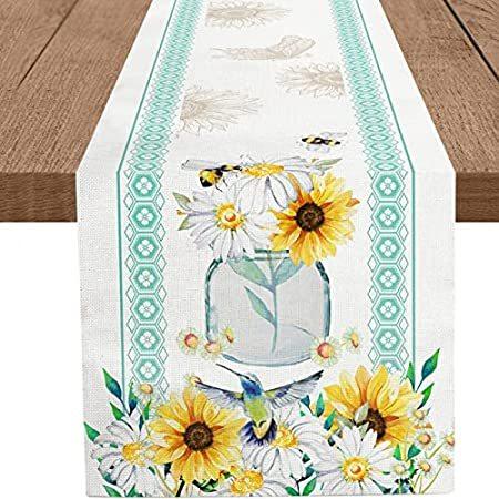 正規販売店 Whomeaf 水彩 ヒマワリ ハチドリ テーブルランナー 花 熱帯 植物 黄麻布 キッチン ダイニング