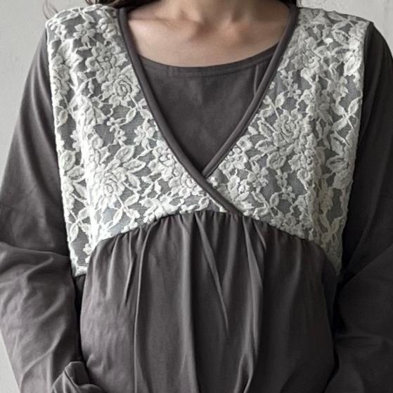 出産準備に！La mere マタニティパジャマ　授乳口　妊婦服　長袖　ズボン　ウエスト調整　前開き　レース付き　産前　産後 |  | 06