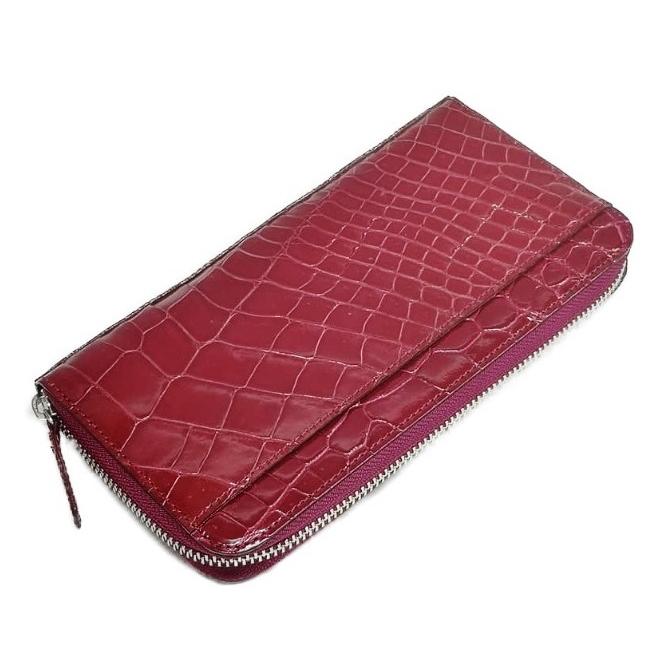 CROCODILE SUC-WINERED STYLE CROCO スタイルクロコ ラウンドファスナー長財布 クロコダイル革(シャイニー仕上) JRA(日本製) ワインレッド×シルバー｜a-domani｜02