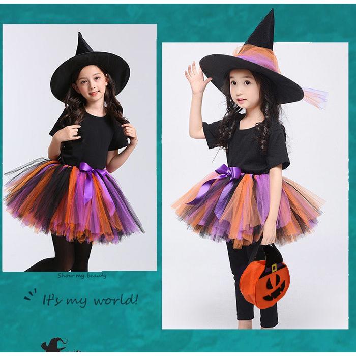とんがり帽子 魔女 紫 ハロウィン コスプレ ワンピース ドレス 子供用 キッズ  コスチューム 帽子 衣装 スカート タイツ バッグ 5点セット 仮装 女の子 | ブランド登録なし | 02