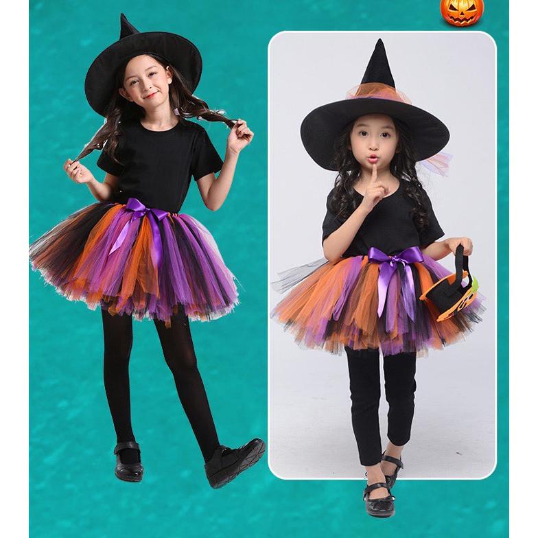 とんがり帽子 魔女 紫 ハロウィン コスプレ ワンピース ドレス 子供用 キッズ  コスチューム 帽子 衣装 スカート タイツ バッグ 5点セット 仮装 女の子 | ブランド登録なし | 03