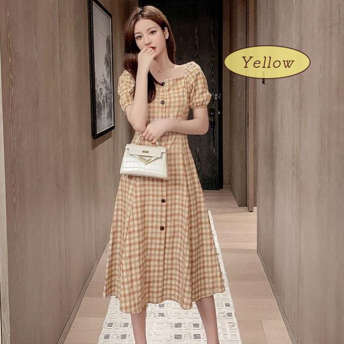 ワンピース チェック レディース 半袖 Aライン パフスリーブ 春夏 おしゃれ かわいい 大人可愛い きれいめ シンプル 柄 カジュアル ガーリー ミモレ丈ワンピース A Family 通販 Yahoo ショッピング