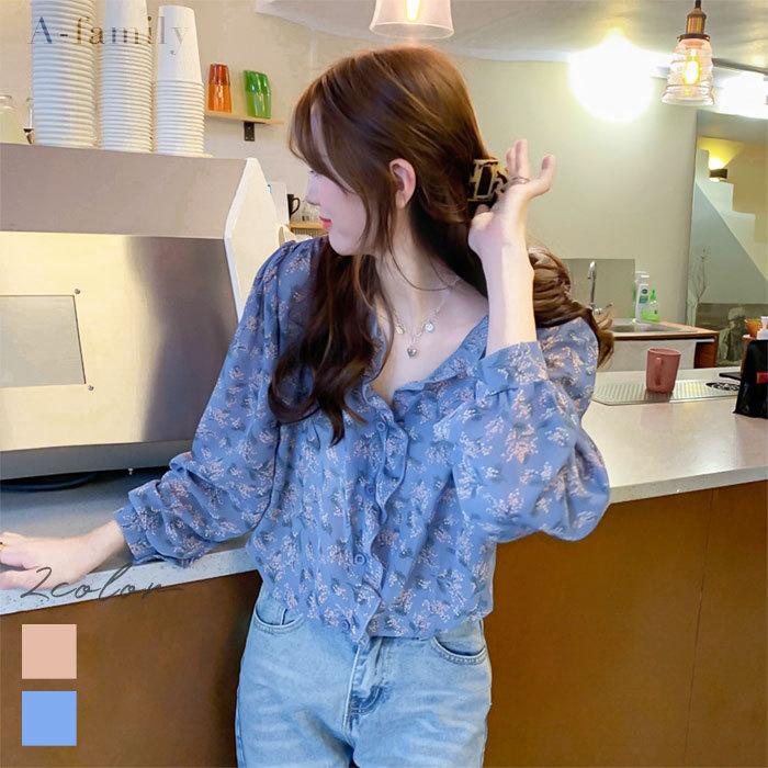 レディース トップス 花柄 シフォン ブラウス 長袖 ガーリー おしゃれ 