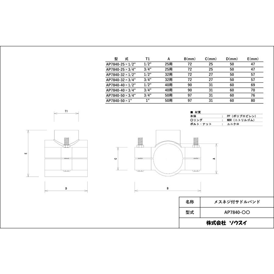 メスネジ付サドルバンド AP7840-40×1/2”（13mmめすねじ） 外径40mm
