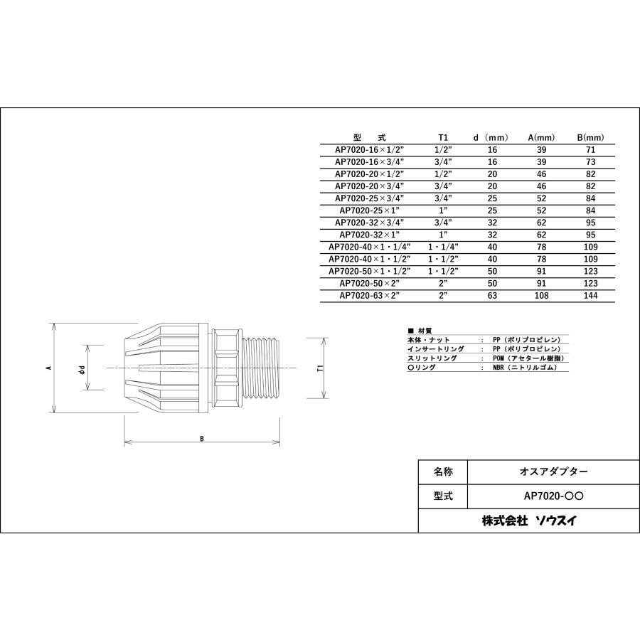 オスアダプター AP7020-32 外径32mm ポリ × 1”オスネジ（25mm