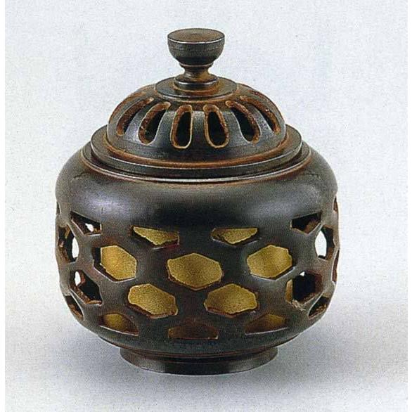 香炉 亀甲透   134-06 床の間 飾りつけ 仏具 銅 ブロンズ 神棚-神棚、神具