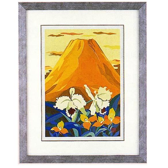 開運 風水　黄富士にカトレヤ 148-53　大　金森 弘司 画　北 光修 彫金　レリーフ　彫刻　絵画　パネル