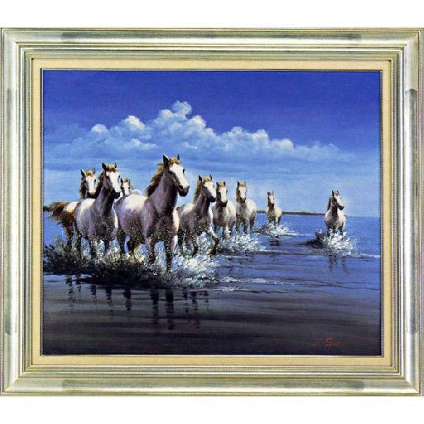 油絵　白馬（馬九行く）　佐藤　純一　美術年鑑掲載作家　風景画　動物画　全国送料無料