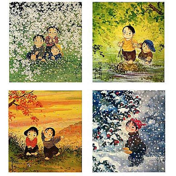 開田風童 絵画 児童画 中嶋潔らと並ぶ児童画の巨匠 四季4枚 開田風童 絵画 児童画 中嶋潔らと並ぶ児童画の巨匠 四季4枚