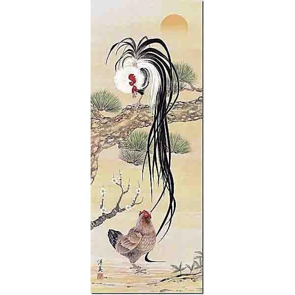 掛け軸 鶏 掛け軸、梅と鶏の掛け軸、雄雌の鶏と梅、桜、大きな