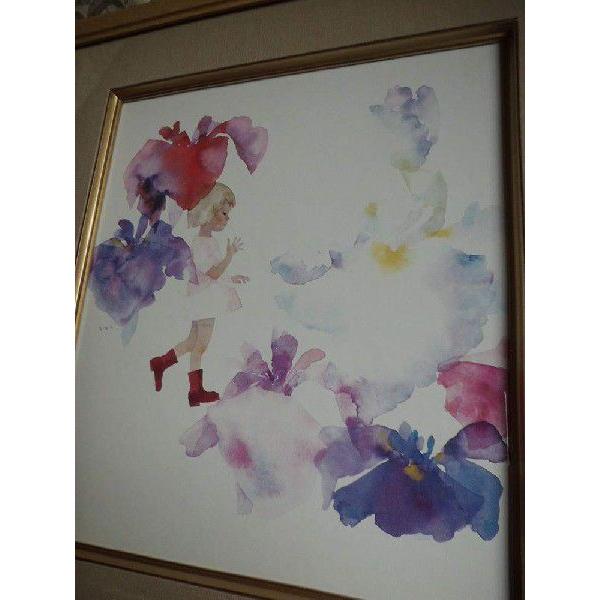 絵画 いわさきちひろ あやめと少女 額 児童画 色紙 送料無料