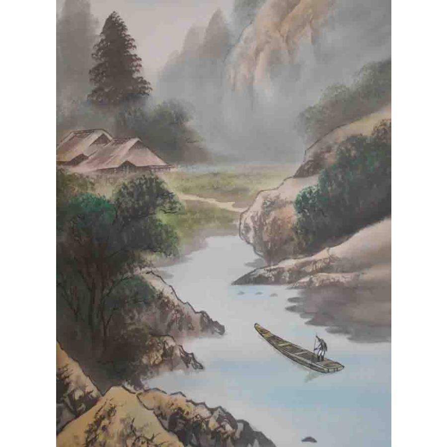 掛軸 彩色山水/小坂静思 美術名典掲載作家 肉筆 掛け軸 全国 掛軸 彩色山水/小坂静思 美術名典掲載作家 肉筆 掛け軸 全国