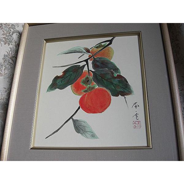 果物 柿 日本画 螺鈿細工 日本画 鳥 果物 柿 額装 絵画 アート