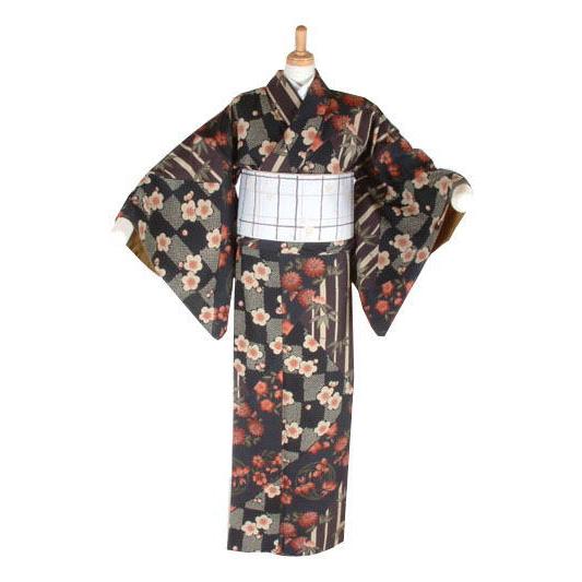 嵐山よしむら」仕立て上がり着物竹に菊花丸のパッチワーク（カラシ 