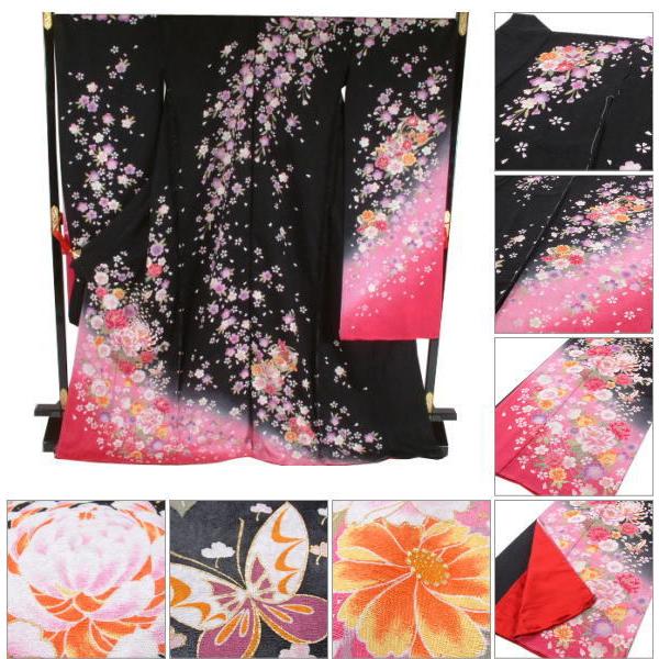 振袖 桜と蝶と乱菊（黒） : いつも元気なきもの屋さんヤフー店 - 通販 