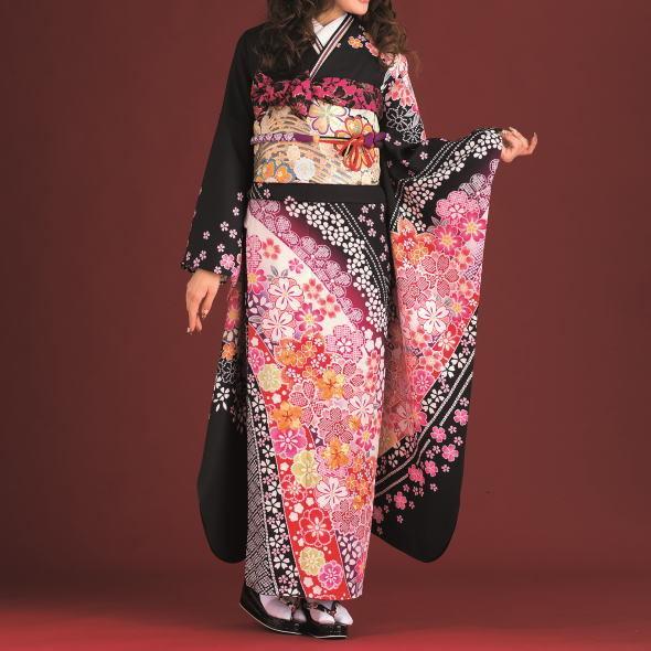 振袖　疋田文様に桜（黒）の画像