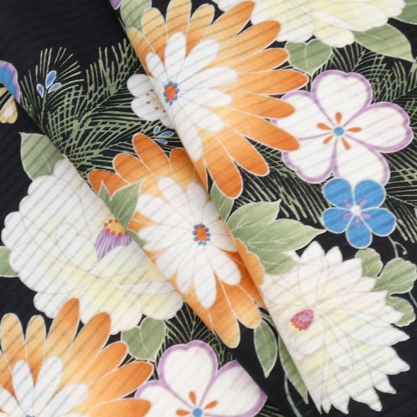 ViVi」浴衣反物 菊や梅や藤や牡丹（黒） : いつも元気なきもの屋