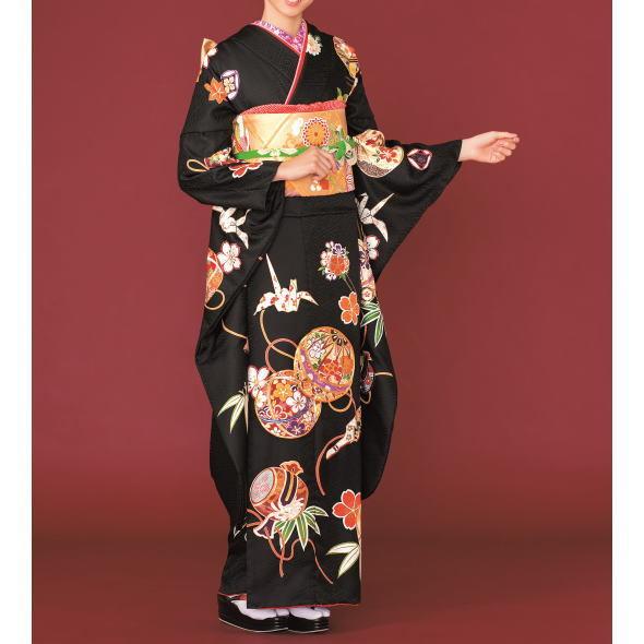 振袖 折り鶴や鞠や羽子板やかんざし（黒） : いつも元気なきもの屋さん