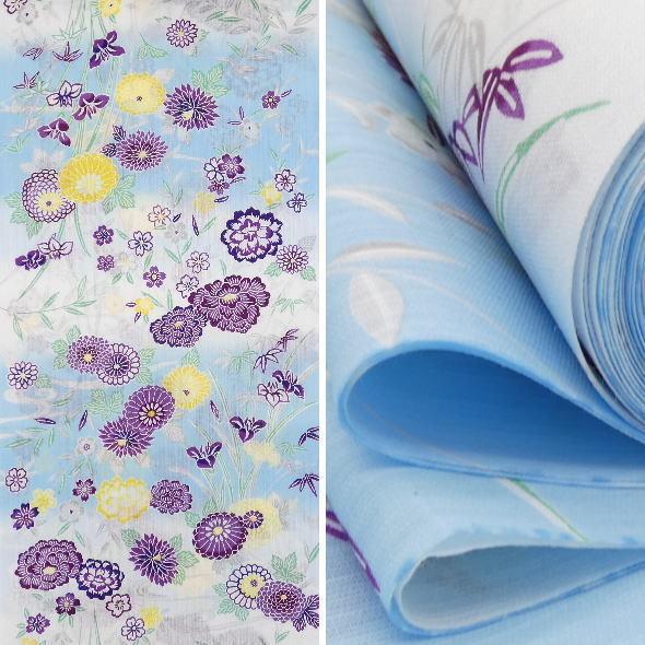 源氏物語」浴衣反物 本染め・紅型調ゆかた（流水に菖蒲や菊や桜