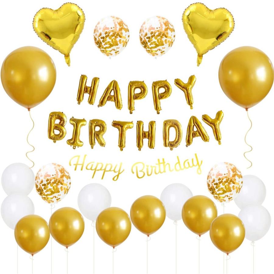 誕生日 バルーン 飾り付け 風船セット 紙吹雪風船 (ゴールド) Happy Birthday ガーランド ハート風船 リボン付き 装飾 パーティー お祝い サプライズ｜a-lifeshop