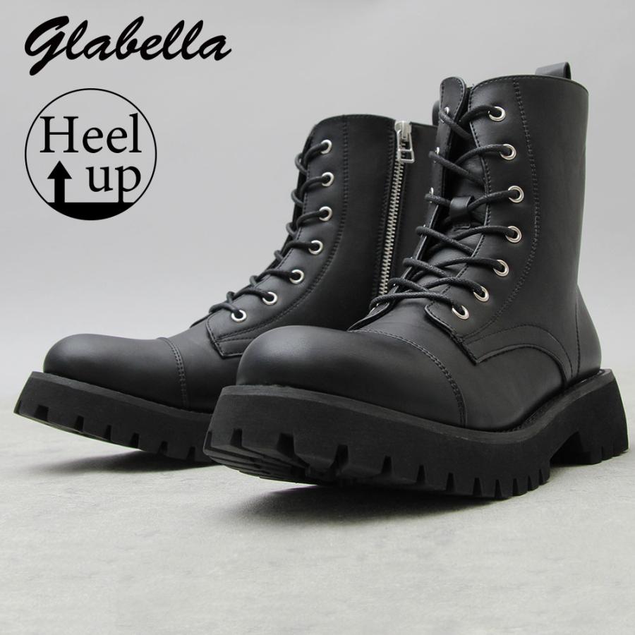 glabella コンバットブーツ ミリタリーブーツ メンズ 黒 ブラック サイドジップ 厚底 レースアップ ハイソール スタイルアップ ...