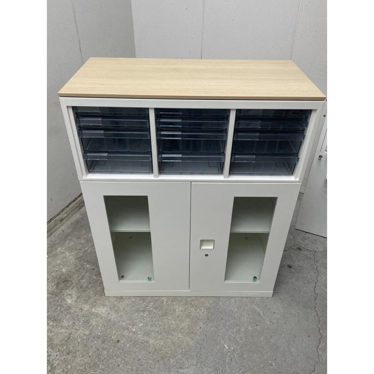 □中古品□ オカムラ ガラス両開きクリアケース上下書庫 レクトライン 