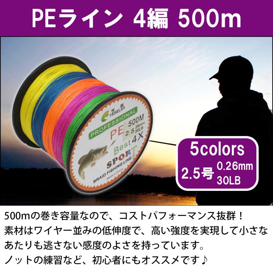 低伸度/高強度 500m PEライン 2.5号/30lb 5色 マルチカラー MIX 投げ