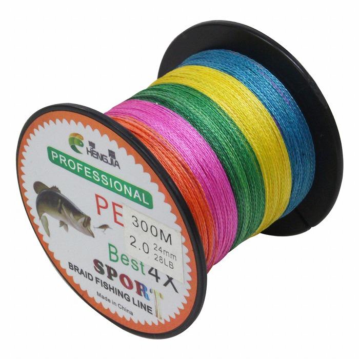 低伸度/高強度 300m PEライン 2.0号/28lb 5色 マルチカラー MIX 投げ
